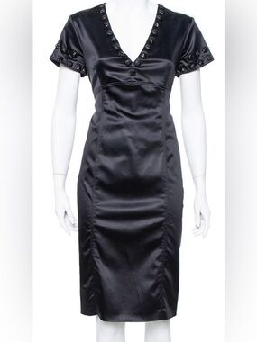 Burberry London Black Satin Dress with V-neck Embellished Collar & Sleeves